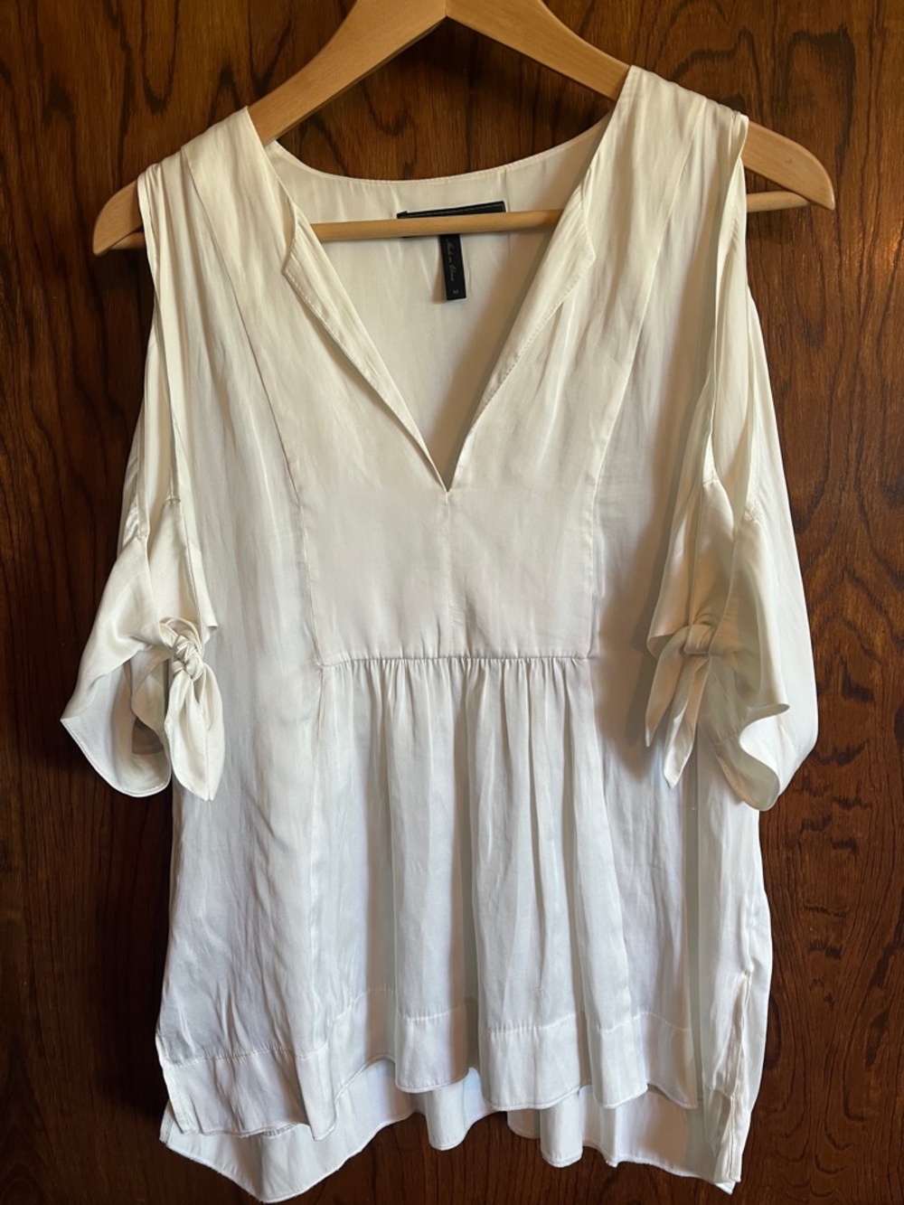 BCBGMaxAzria Ivory Cold-Shoulder V-Neck Blouse with Tie Sleeves